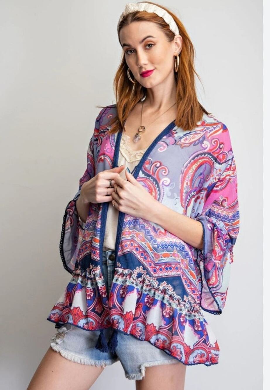 Easel Sheer Paisley Boho Kimono Sleeve Blouse Tunic Size Large